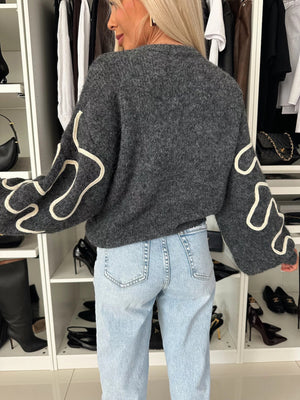 Abstract Pattern Oversized Round Neck Sweater in Light Gray with stretch