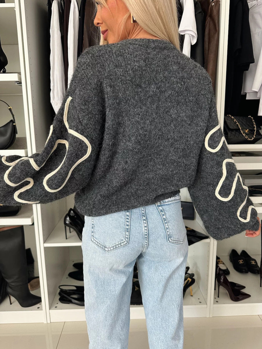 Abstract Pattern Oversized Round Neck Sweater in Light Gray with stretch
