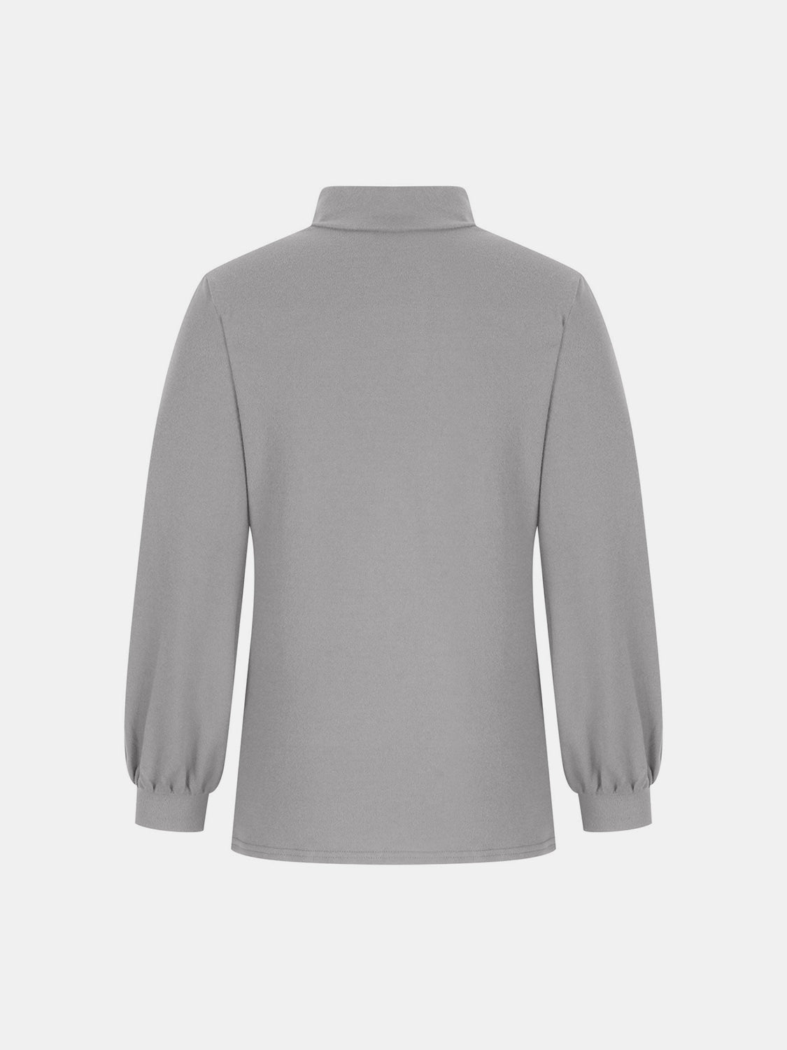 Gray mock neck top with puff sleeves and button back detail