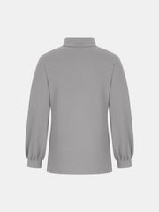 Gray mock neck top with puff sleeves and button back detail