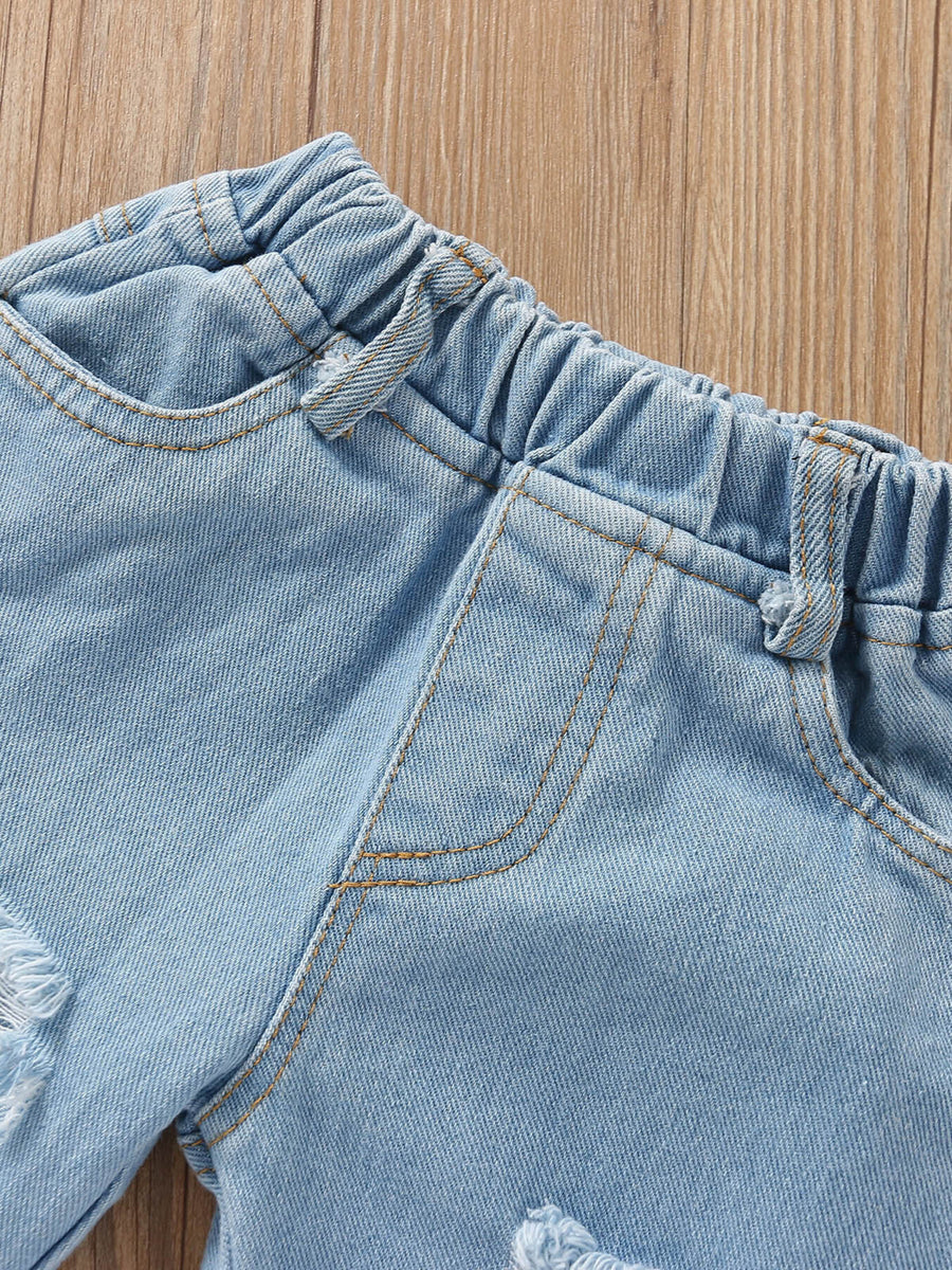 Light wash distressed denim shorts with elastic waistband and drawstring detail.