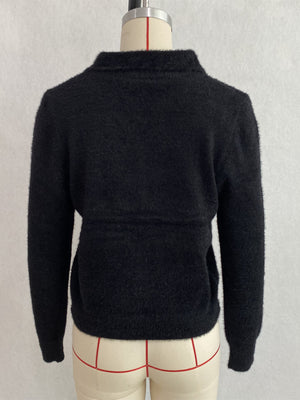 Fuzzy Letter Zip-Up Cardigan in Brown with zipper