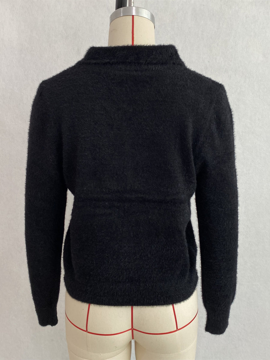 Fuzzy Letter Zip-Up Cardigan in Brown with zipper