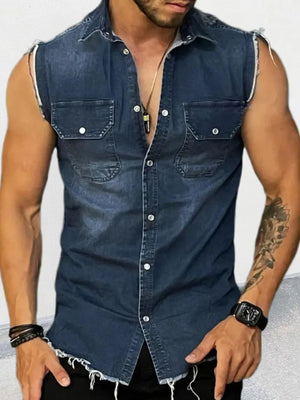 Men's raw-edge denim sleeveless shirt in navy with button front and chest pockets.