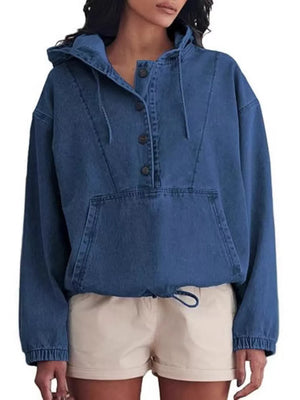 Light Blue pullover hoodie with hip-length and half-button