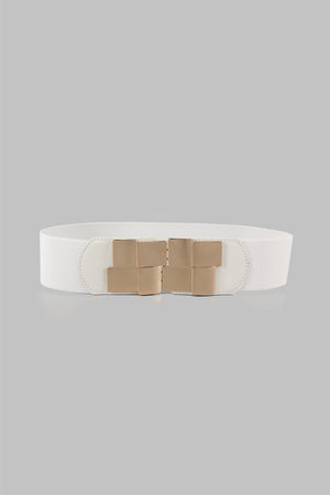 White elastic belt with gold geometric buckle and faux leather trim