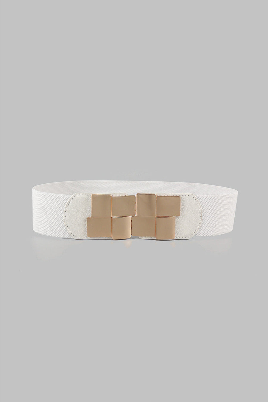 White elastic belt with gold geometric buckle and faux leather trim
