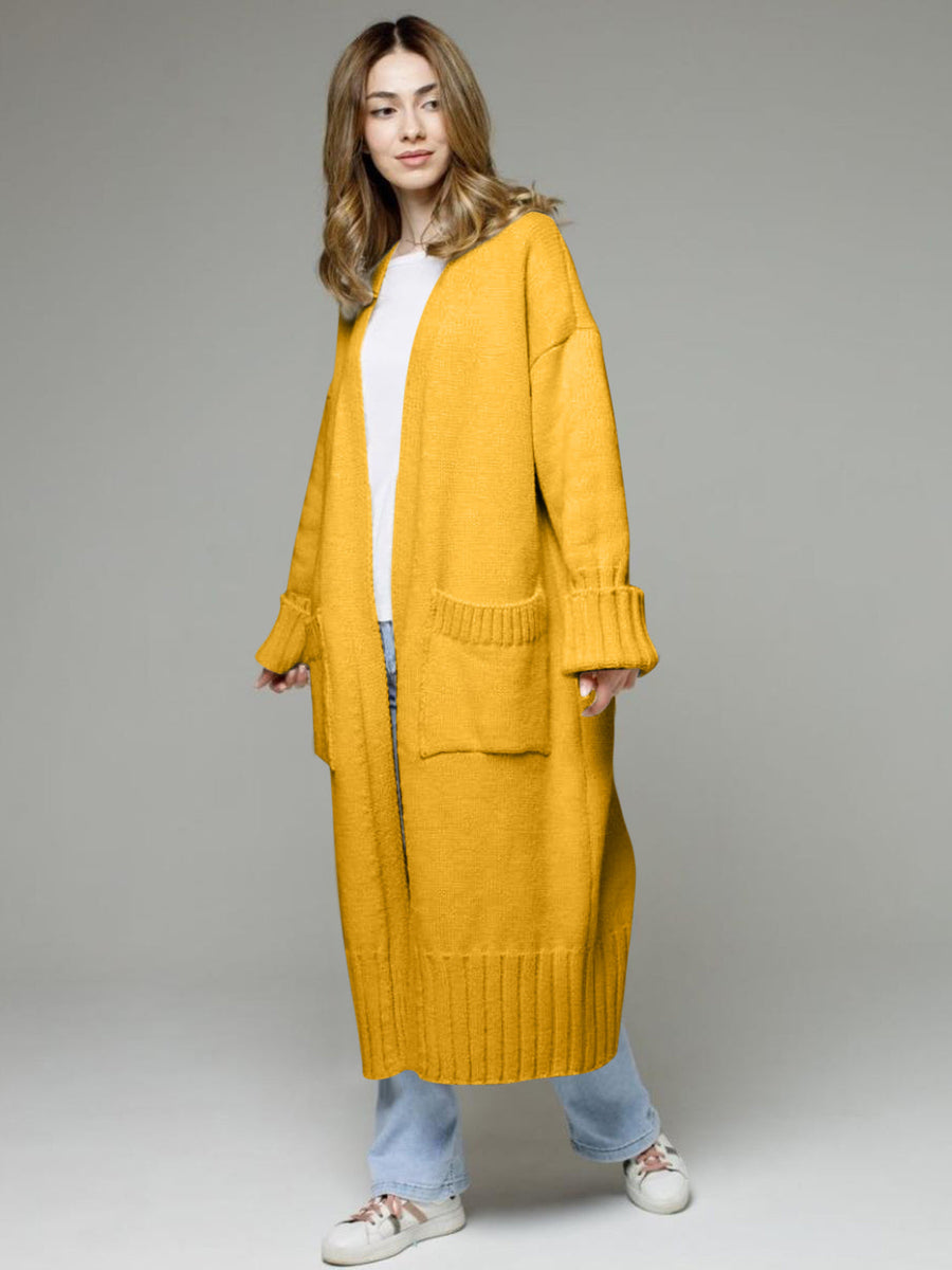 Gold oversized ribbed-trim maxi cardigan with pockets and cuffed sleeves.