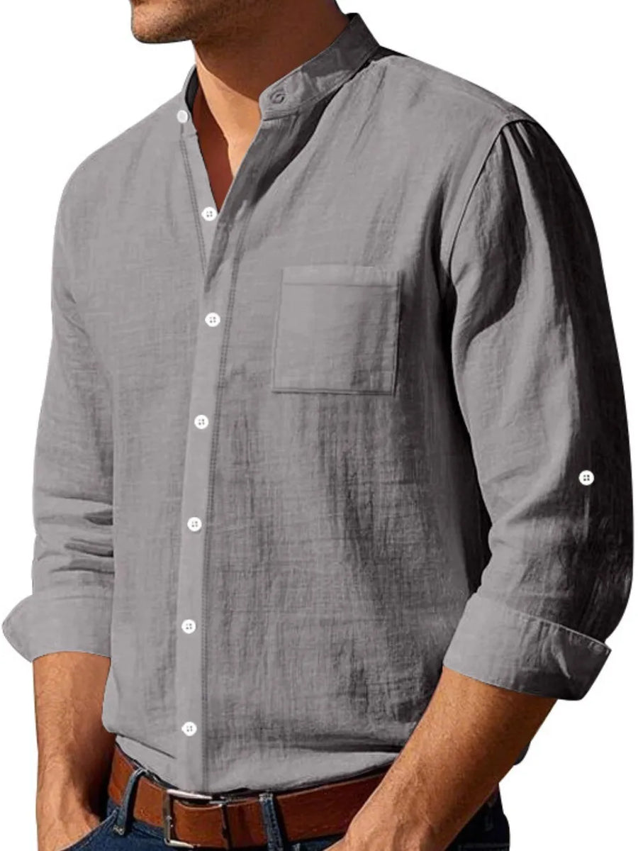 Gray linen relaxed fit shirt with mandarin collar and chest pocket.