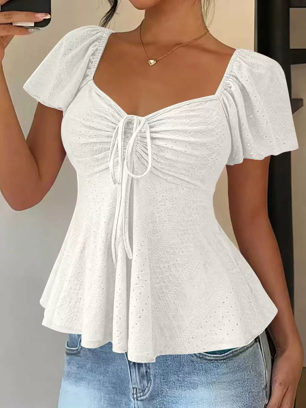 Yellow Ruched Flutter Sleeve Peplum Top