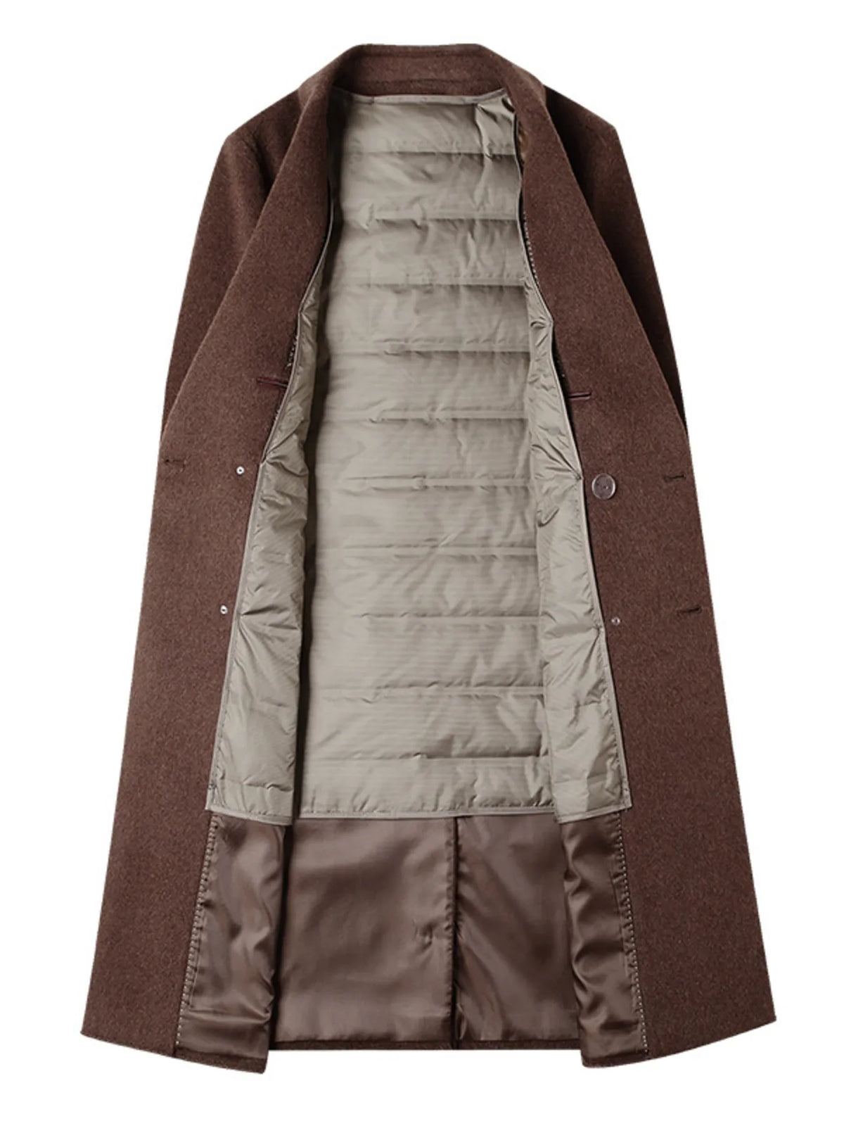 Brown wool blend double-breasted overcoat with quilted lining detail