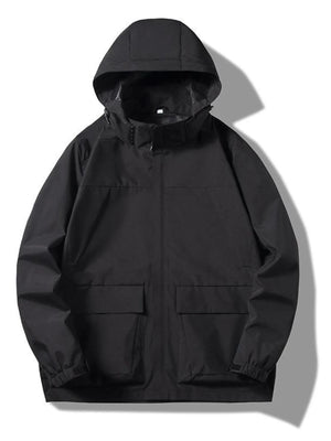 Black hooded windproof jacket with two front pockets and elastic cuffs.