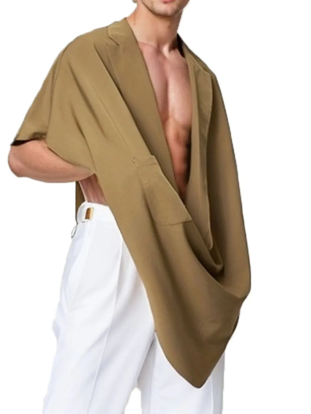Taupe draped blazer cape with sculptural asymmetrical cut and short sleeves.