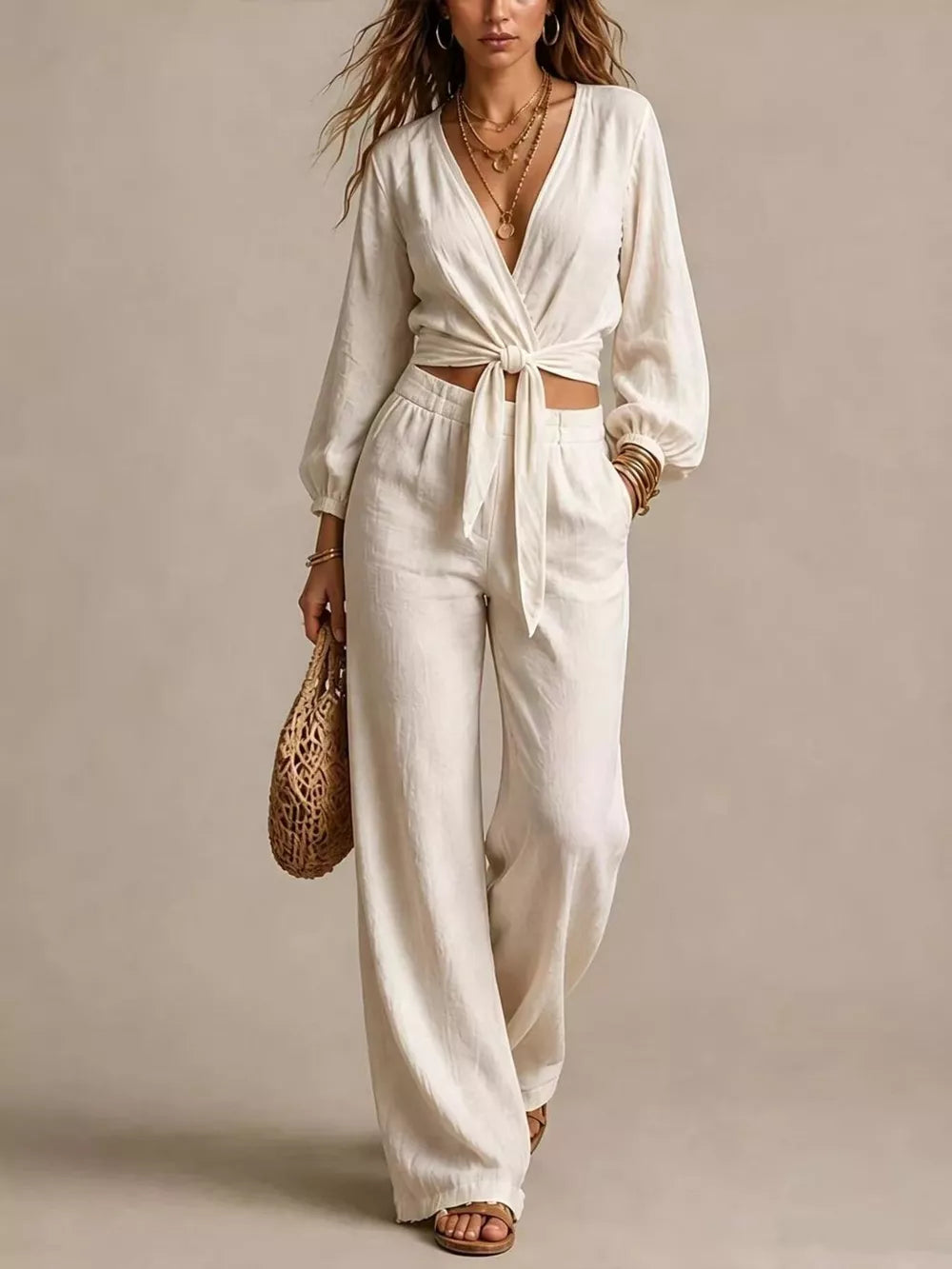 Two-Piece Set in cream featuring tied and relaxed fit
