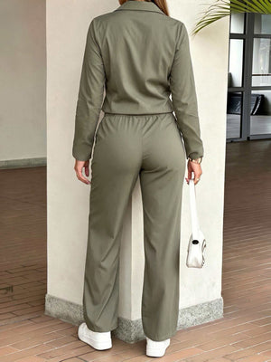 modern jumpsuit in olive green with collared