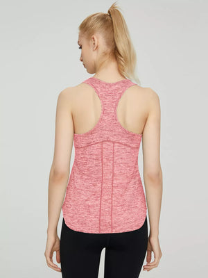 Pink heathered racerback tank top with curved hem