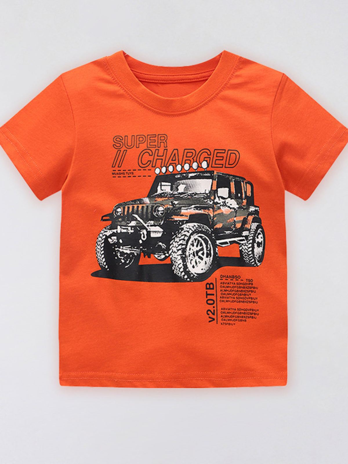 Orange graphic t-shirt with a jeep and "SUPER CHARGED" text, short sleeves, crew neck, cotton.