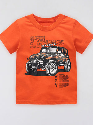 Orange graphic t-shirt with a jeep and "SUPER CHARGED" text, short sleeves, crew neck, cotton.