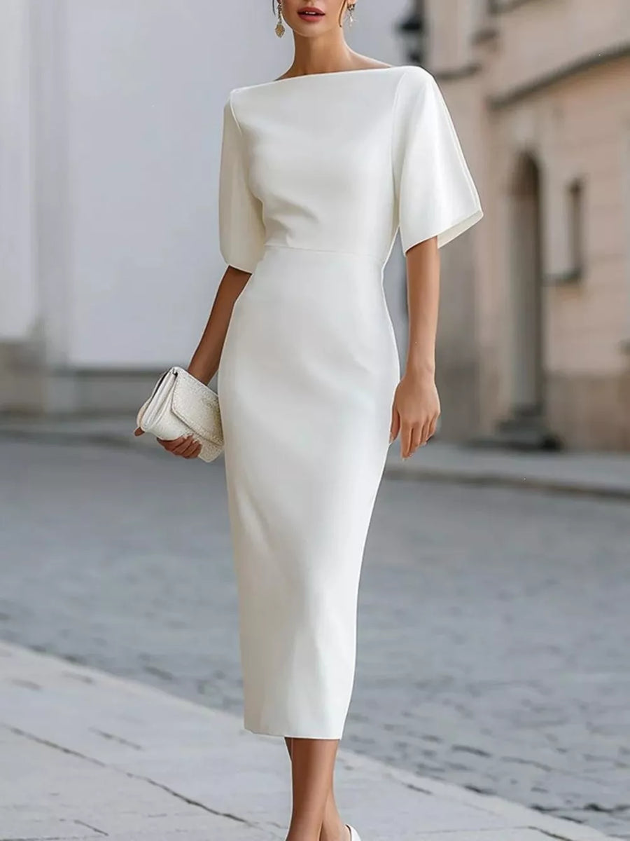 Red Half Sleeve Boat Neck Midi Dress