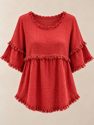 blouse in Black with fringe and hip-length
