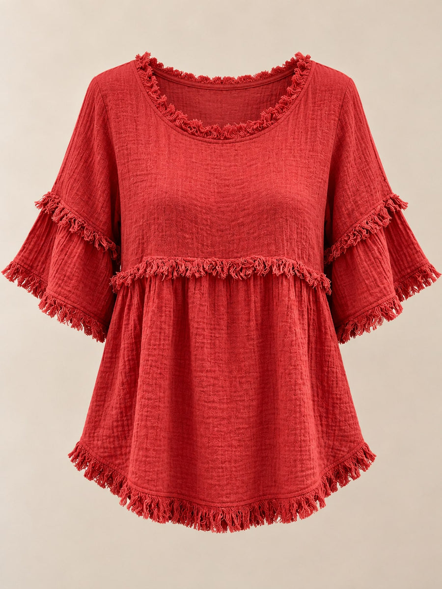 blouse in Black with fringe and hip-length