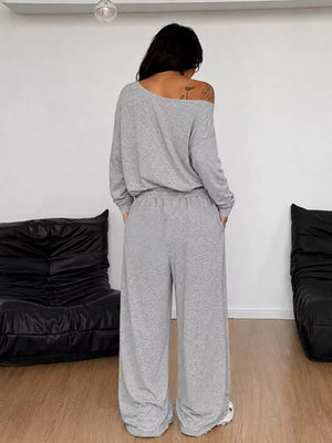 Loose Fit One-shoulder T-shirt And Pants Set Plus Size in Light Gray