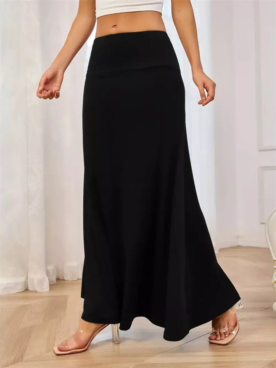 Black Flowy Maxi Skirt With Wide Waistband