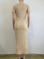 Khaki textured midi dress with short sleeves and a high neckline.