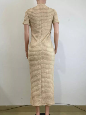 Khaki textured midi dress with short sleeves and a high neckline.