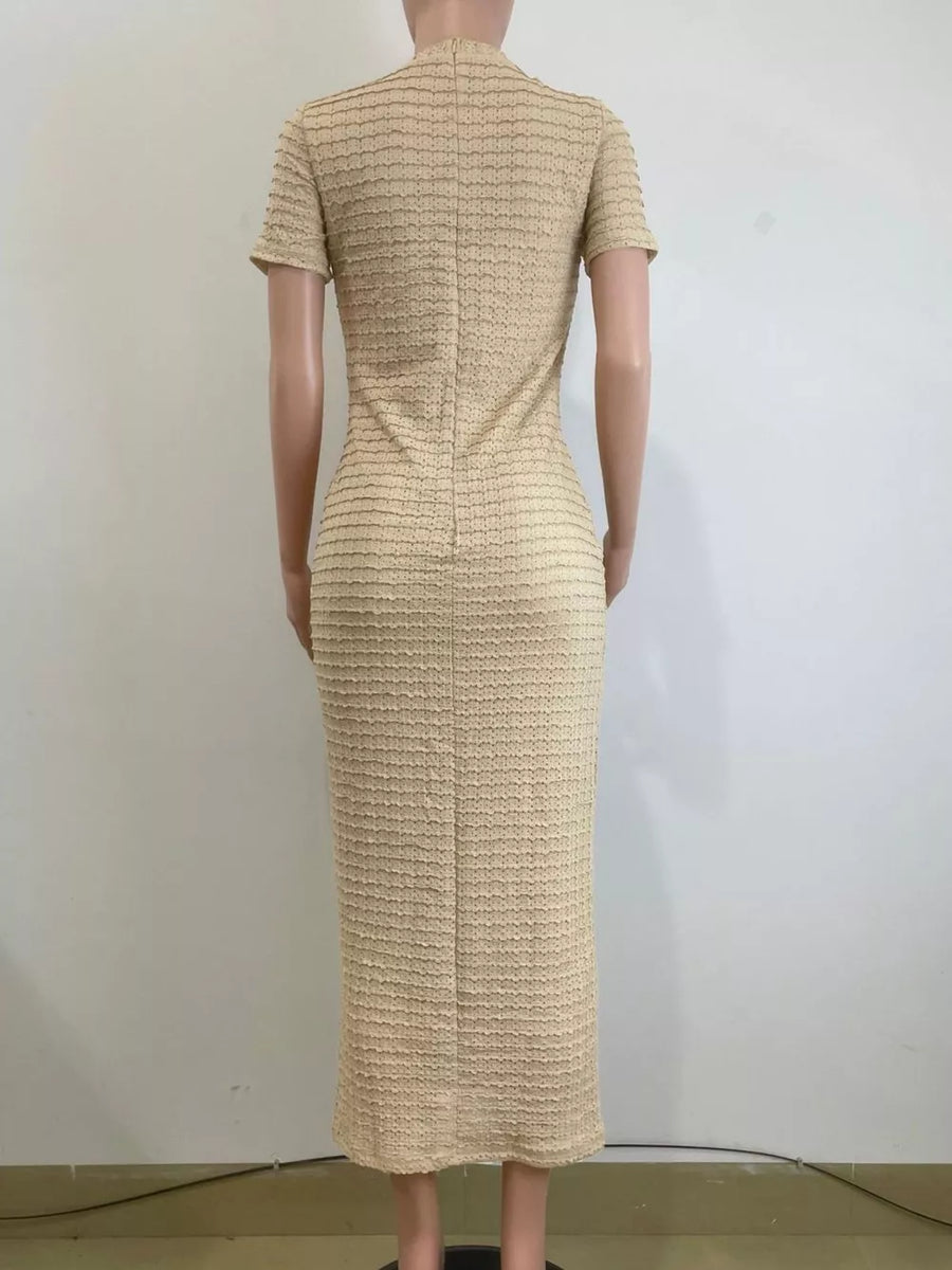Khaki textured midi dress with short sleeves and a high neckline.