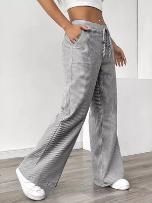 charcoal wide-leg pants featuring drawstring waist and striped