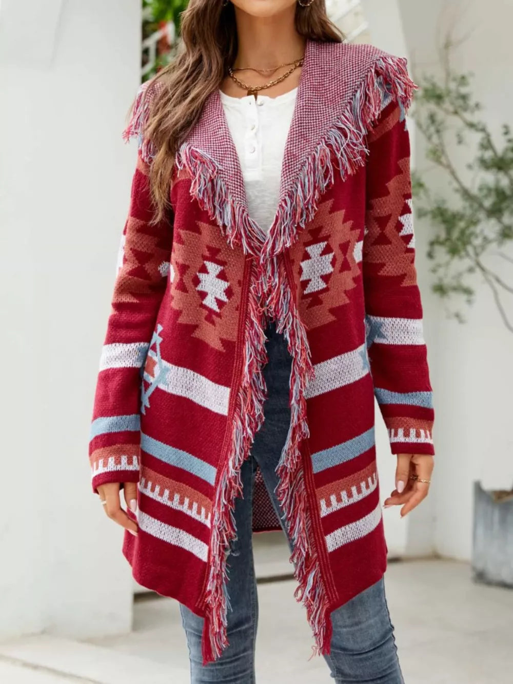 Deep Red Fringe Geometric Hooded Cardigan