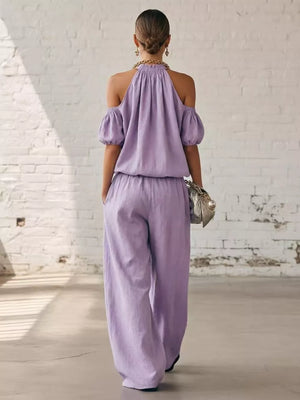 100% polyester Care instructions: Machine wash cold two-piece set in Lavender with relaxed top, wide-leg pants silhouette
