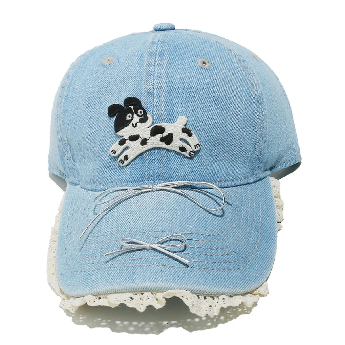 Light blue denim baseball cap with puppy appliqué and lace trim
