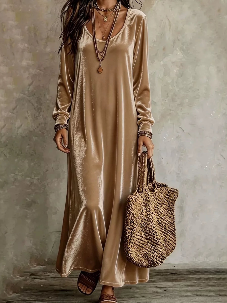 Khaki Velvet Maxi Dress With Flowy Hem