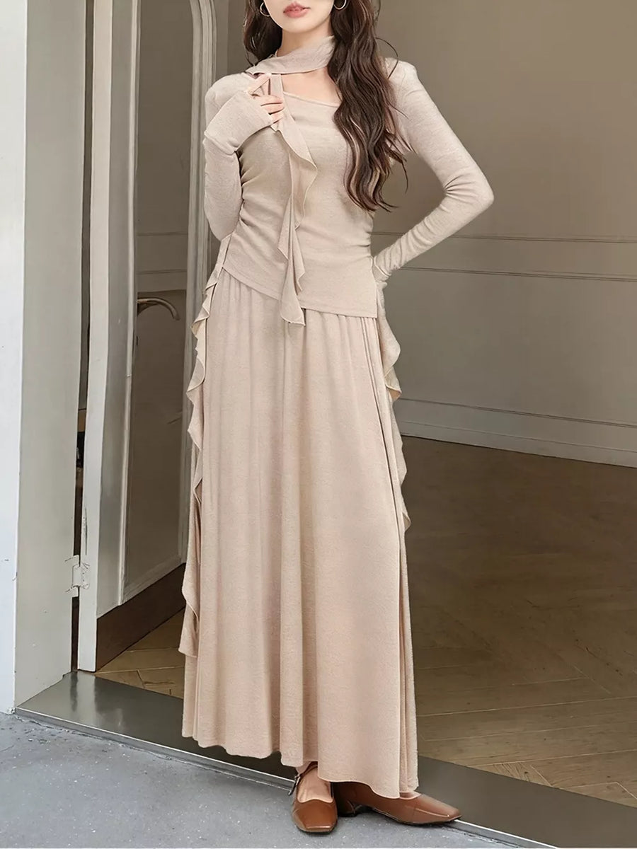 Ruffled Long Sleeve Knit Top And Maxi Skirt Set in Black