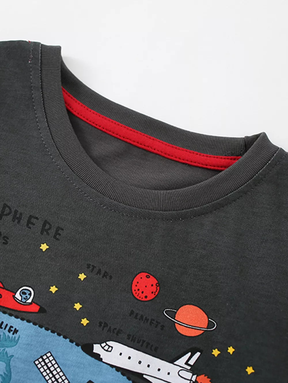 Toddler cotton t-shirt with space print and red neckline trim