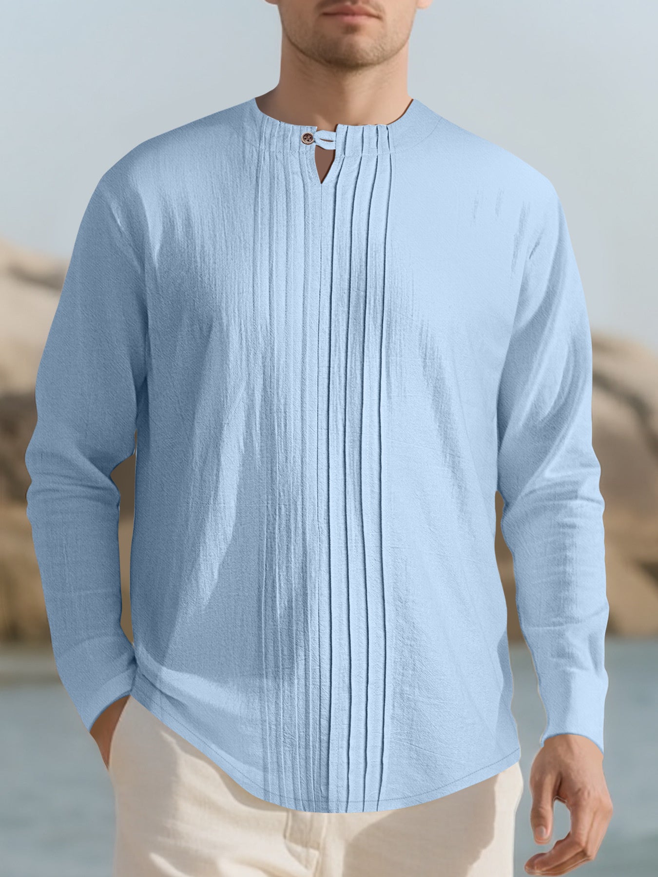 Men's Casual Pleated Long Sleeve Shirt Plus Size in Khaki