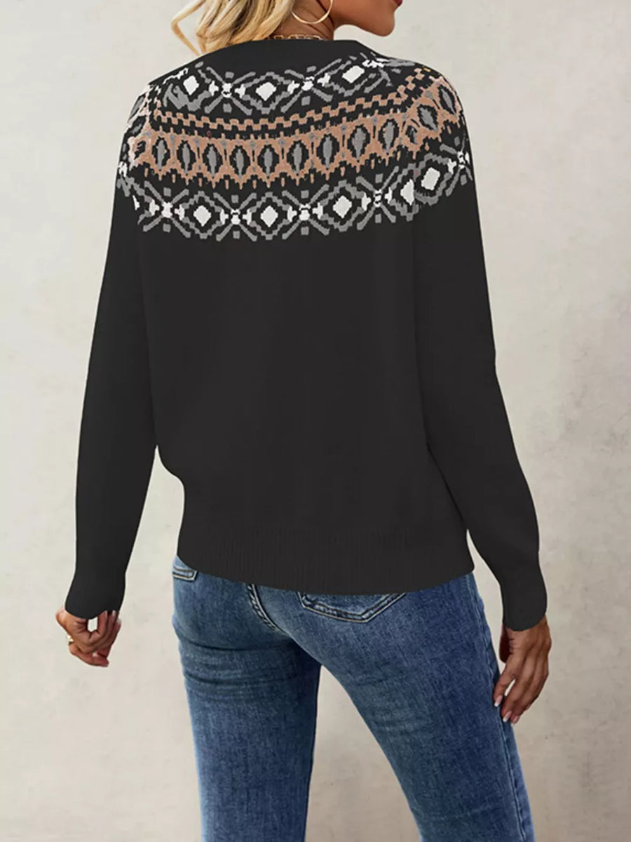 tan pullover sweater featuring ribbed and Fair Isle