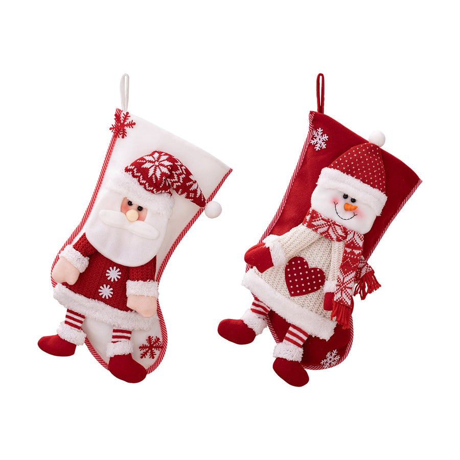 Plush Santa and Snowman Christmas stockings with festive red and white details.