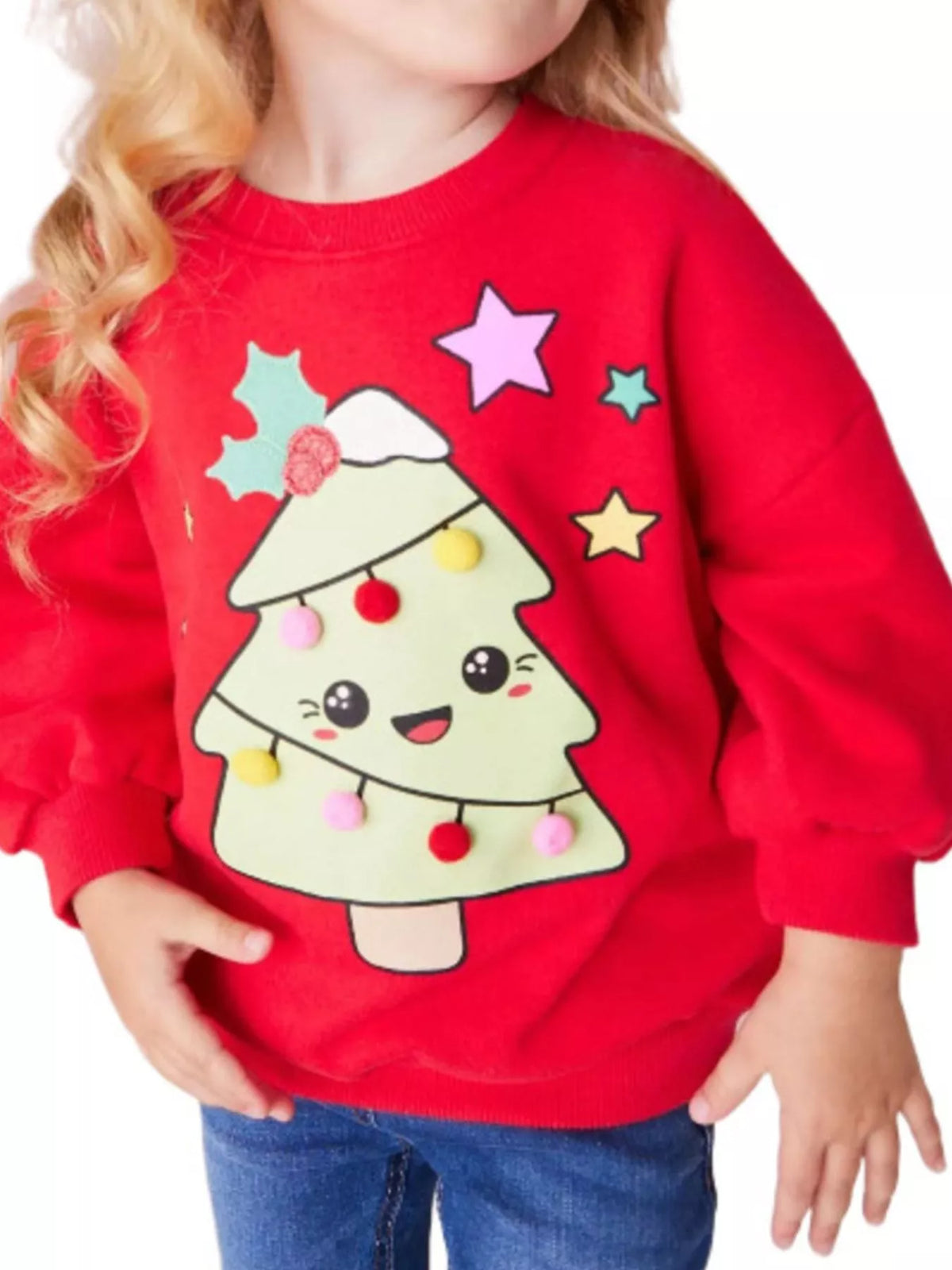 Red Christmas tree graphic sweatshirt for kids with pom-pom ornaments and stars.