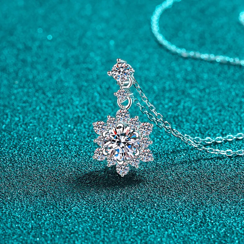 Celestial Bloom Moissanite pendant necklace in silver with a delicate floral design.