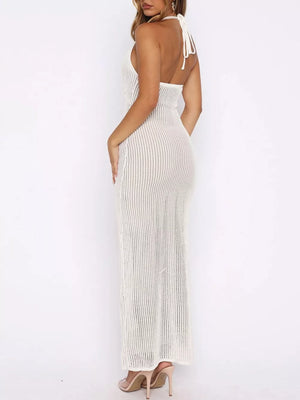 Halter Neck Crochet Maxi Dress in White