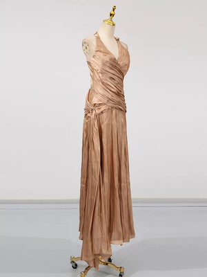 Champagne with Halter Neck Ruched Maxi Dress in Champagne