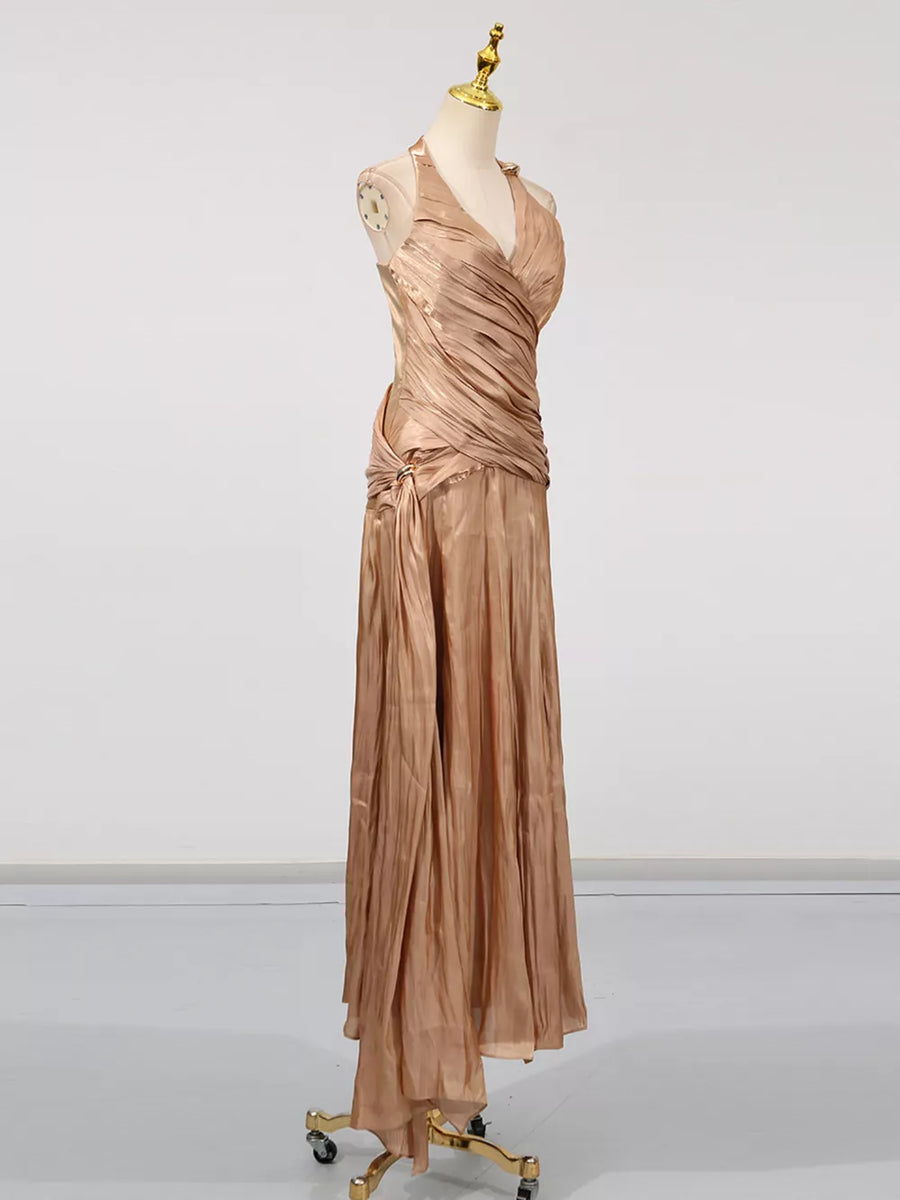 Champagne with Halter Neck Ruched Maxi Dress in Champagne