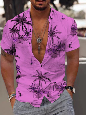 Men's short sleeve button-down shirt in Vivid Violet with tropical palm trees and sailboats pattern.