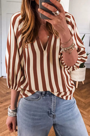 Camel Striped Notched Half Sleeve Casual Blouse