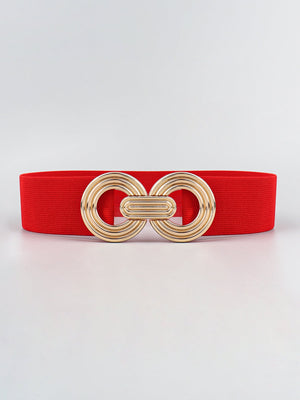 Red stretch belt with interlocking gold alloy buckle detail