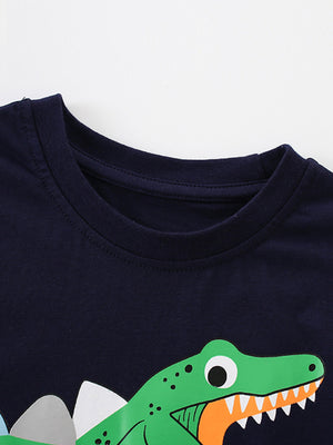 Navy children's t-shirt with a green dinosaur graphic and round neckline.
