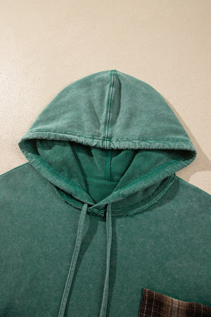 pullover hoodie in Sage with plaid and drawstring